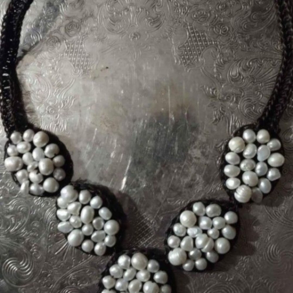 Mother Of Pearl Cluster Necklace with Black Accents